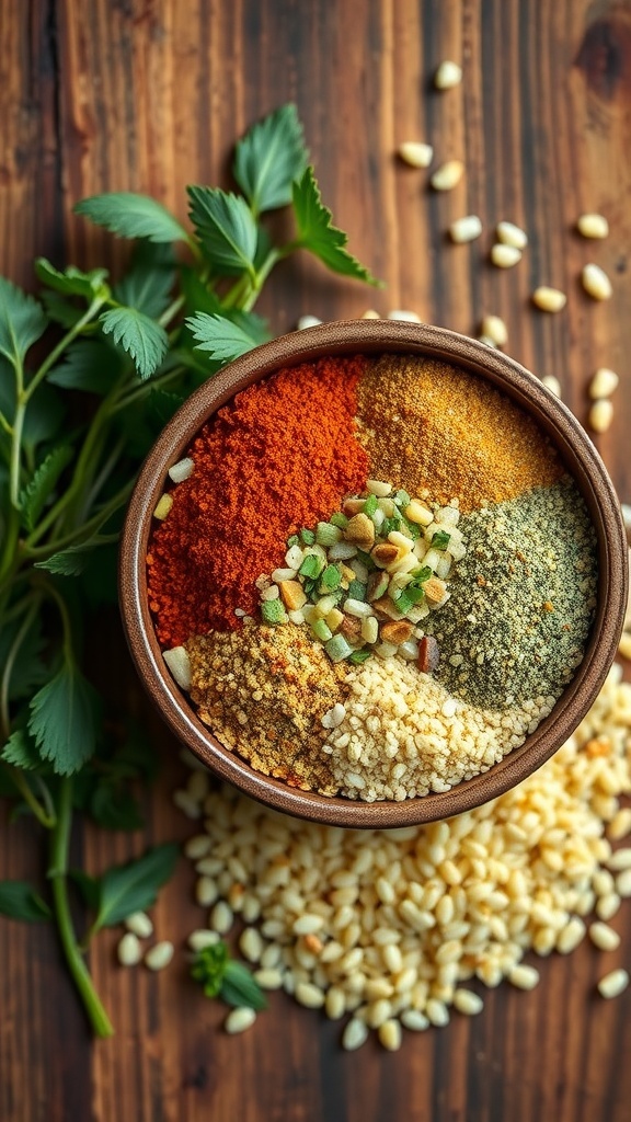 A bowl of quinoa seasoning blend with spices and herbs on a wooden table.